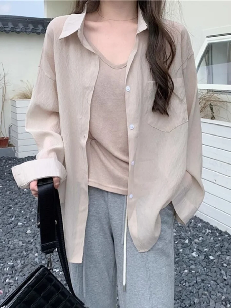 

Lightweight Loose Women's Shirt Summer 2024 New Style Sweet Loose Sleeve Long Collar Button Pure Color Sun Protection Cover up