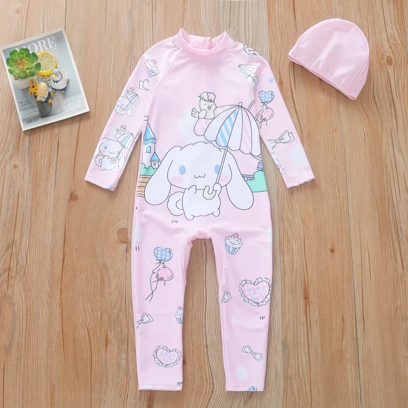 Miniso Cinnamoroll Girl Long Sleeve Pants One-Piece Swimsuit Cap Children Bathing Dress Kids Swimwear Baby Hot Spring Beach Gift