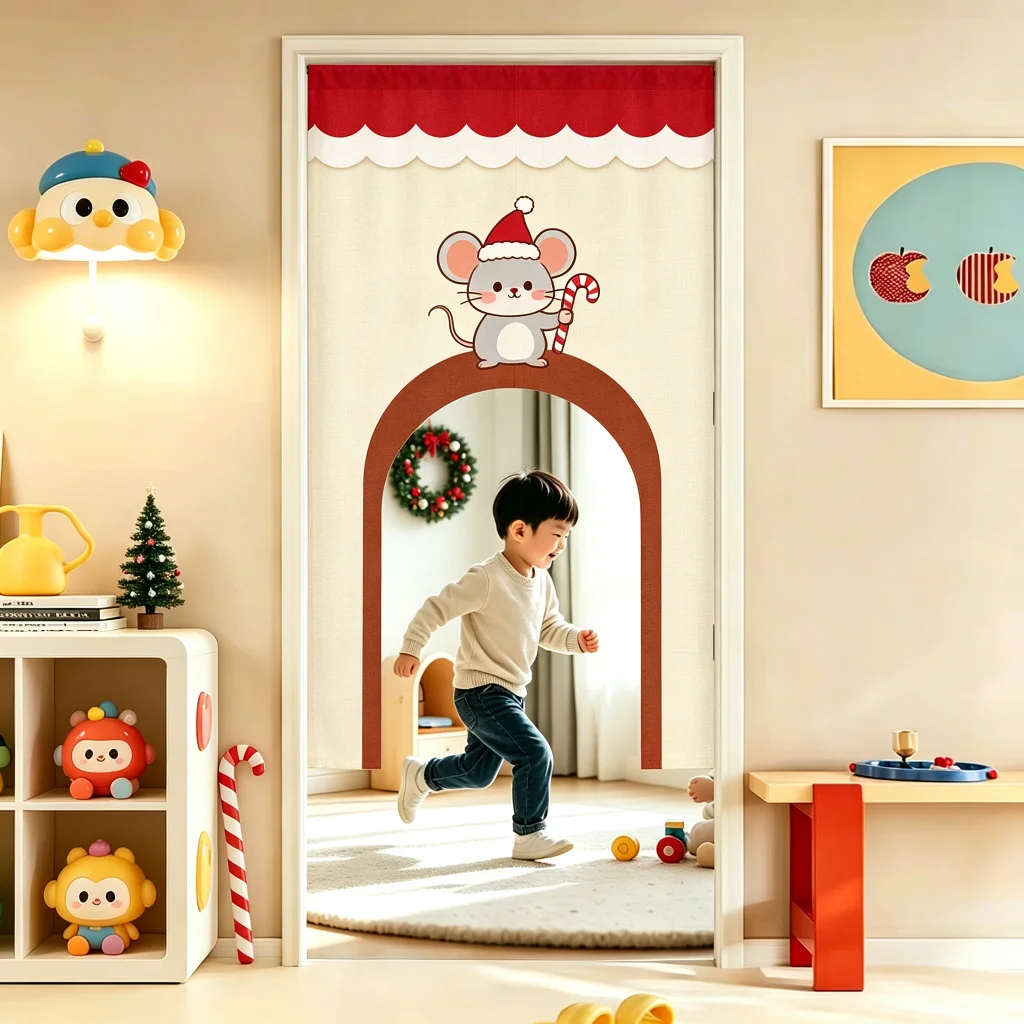 VIKAMA Christmas Train Arched Half Door Curtain Kids Room Cotton Linen Short Curtain Privacy Partition Home Decor Bedroom