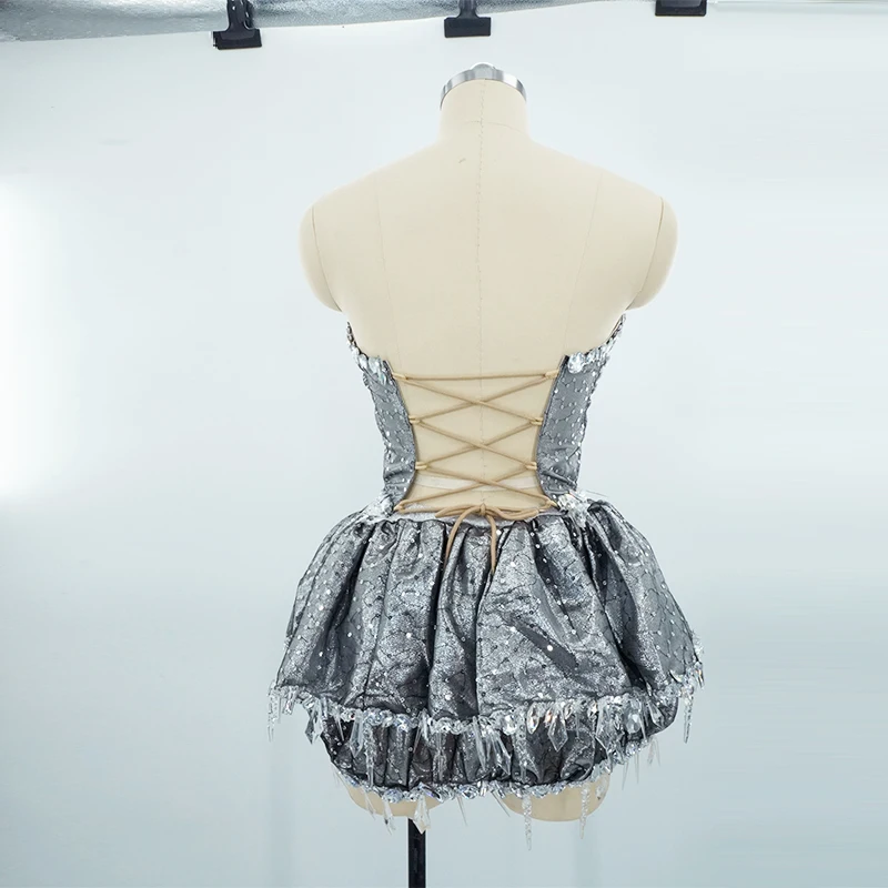 GogoLuxury قطعة فستان مثير رمادي كريستال مجموعات بلوزات وتنورة أداء حفلة عيد ميلاد سحب الملكة يوتار القطب ملابس الرقص