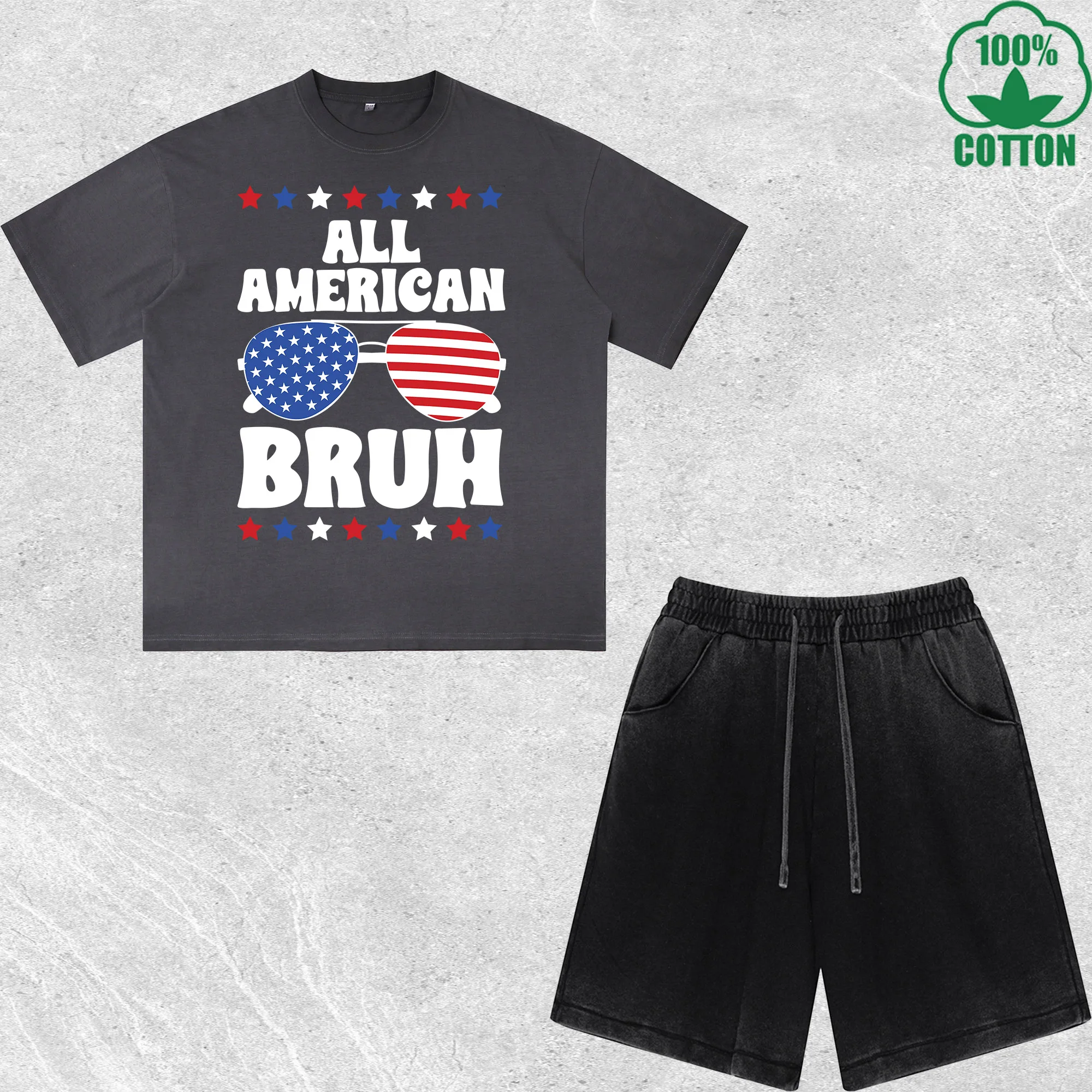 

All American Bruh Printed Dirty Wash T-Shirt Shorts Set Combo Loose Trendy Fashionable 100%Cotton Black Suit