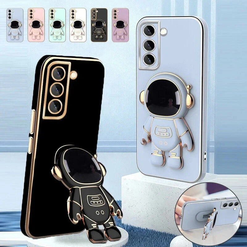 Luxury Plated Phone Case For Samsung Galaxy S24 FE S23 S22 S21 Ultra S20 S10 Note 20 10 Plus Space Astronaut Ring Holder Cover