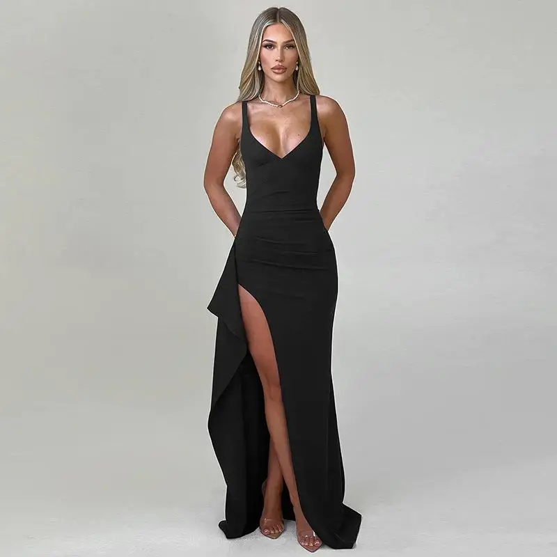 

V Neck High Split Party Dress Women Spaghetti Strap 2024 Summer Dress Ruffles Elegant Maxi Long Dresses