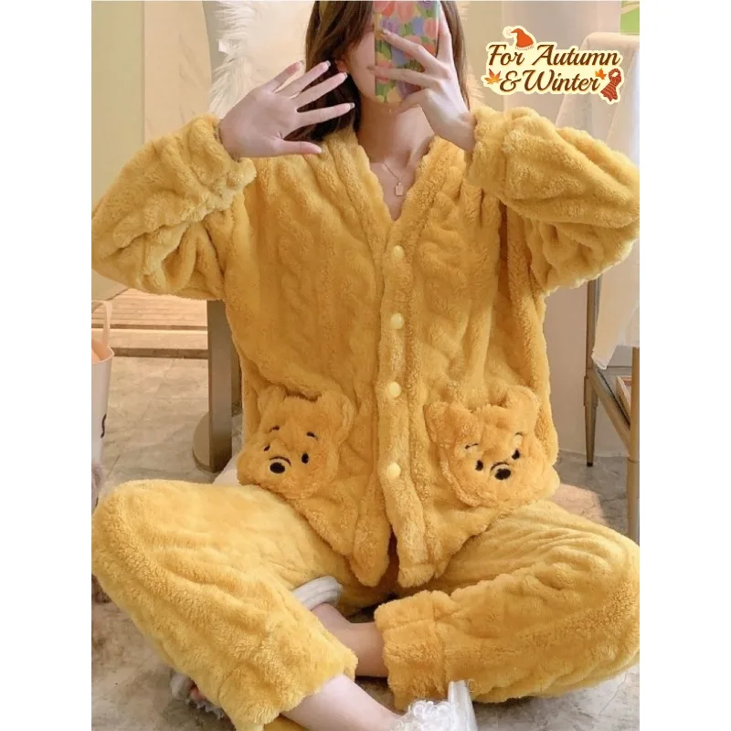 

Women's Pajamas Autumn Winter Coral Cute Bear Thickened 2025 New Home Wear Flannel Internet Celebrity Set