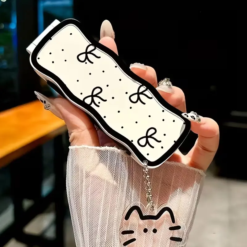 Black Bowknot Integrated Folding Comb Portable Makeup Mirror with Cushion - Adjustable Stand Design - Comes with a Cute Charm - Perfect Holiday Gift