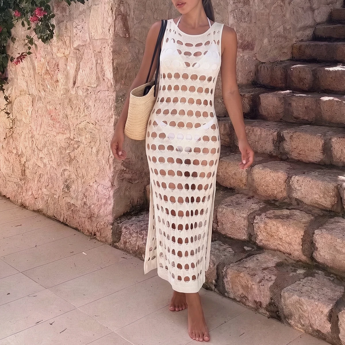 Round Neck Side Split Hollow Out Knit Dress, Sexy Transparent Sleeveless Beach Cover-Up, Casual Plain Beachwear for Vacation