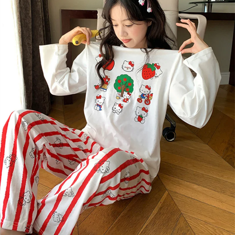 Sanrio Hello Kitty autumn new pajamas women\'s casual contrasting striped trousers cartoon cute suit loungewear