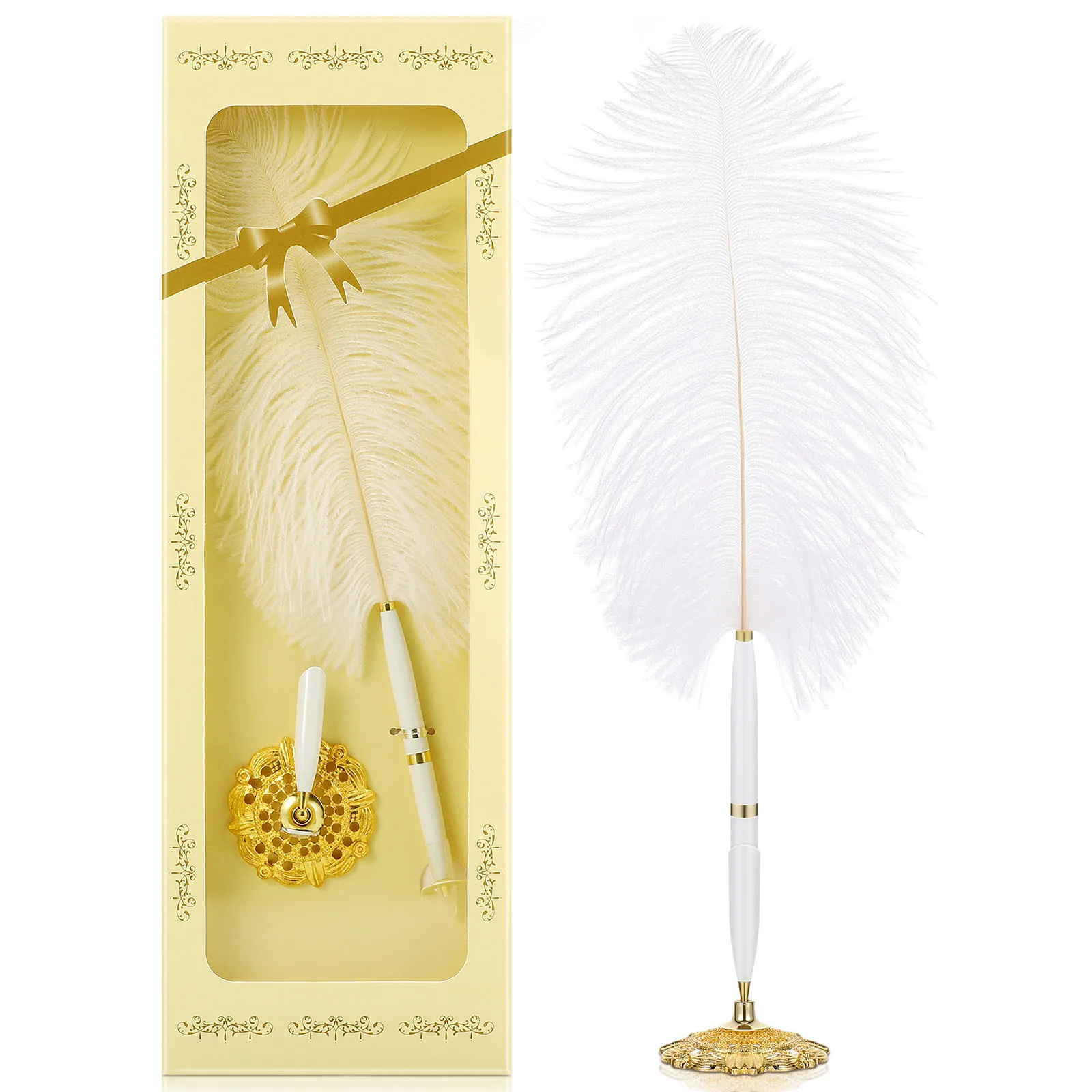 

Ostrich Quill Stand Rotatable Base White 360 Degrees Guest Pen Long Quill Guest Pen Writing Tool