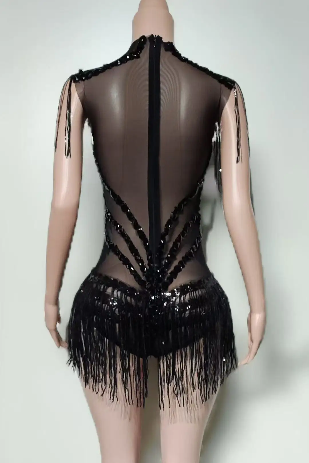 Body Sexy avec strass scintillants et paillettes noires pour femmes, maille transparente, Costume de danse, vêtements de scène pour séance photo