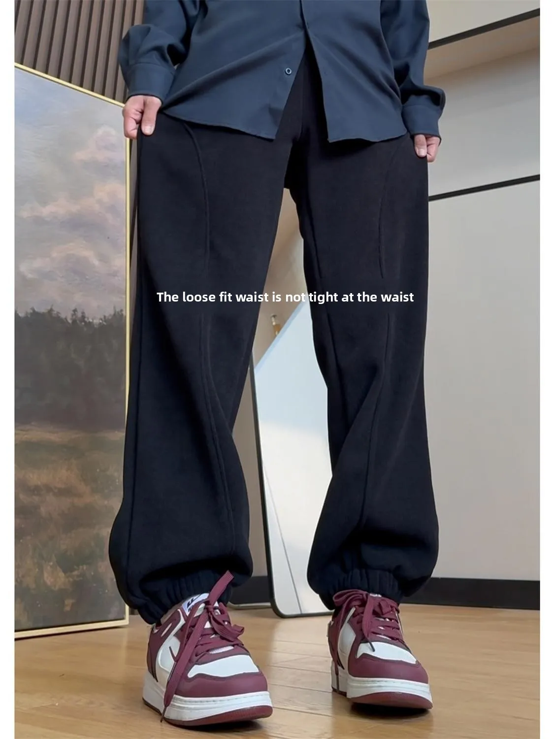 Bla Fce Lined Thiened Winter Sports Pants Men's Casual Trousers Loose Fit Low Waist Long Pants Youth Active Sle