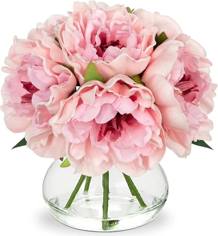 

Light Pink Peonies Artificial Flowers with Vase Faux Flowers Peony Fake Flowers Silk Flower Arrangements in Glass Vase with Faux