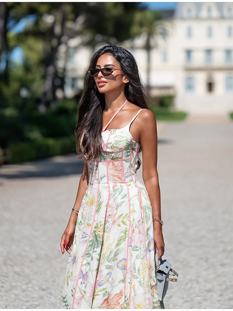 2026 Neues Boho Blumenmuster Neckholder Maxikleid für Damen Korsett-Bustier Rosa Besatz A-Linie Fließendes Sommer-Urlaubskleid für den Strand – Detail 12