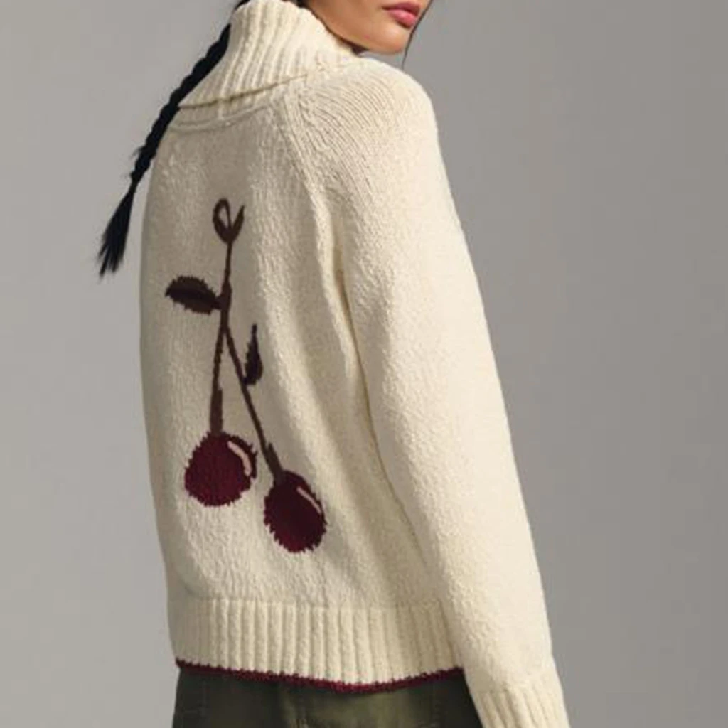 Maglioni da donna con scollo a V profondo e bottoni, cardigan in maglia a maniche lunghe con motivo ciliegia casual, maglieria autunnale calda per streetwear