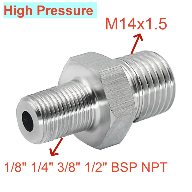 

Высокое давление M14x1,5 наружной резьбы до 1/8 дюйма 1/4 дюйма 3/8 дюйма 1/2 дюйма BSP NPT наружная резьба из нержавеющей стали 304, шестигранный ниппельный редуктор, фитинг