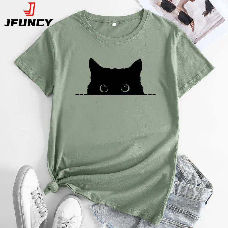 

JFUNCY Oversized Loose Women Tees Tops Summer Cotton T Shirt for Woman Cute Cat Print Tshirt Female T-Shirts Camiseta Mujer