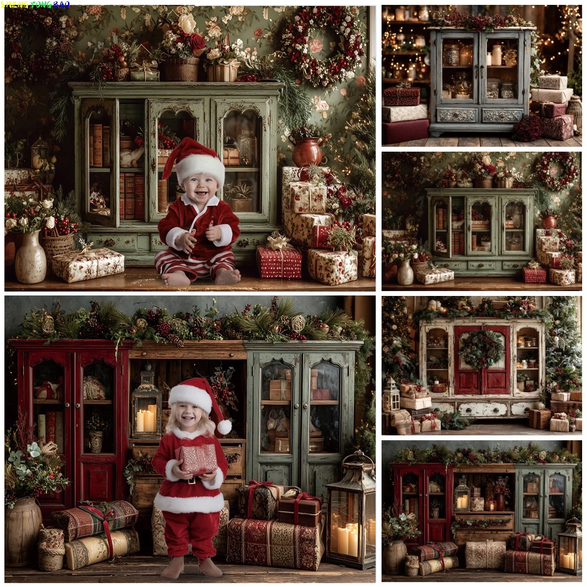 Winterliche Weihnachtsdekoration Innenraum-Hintergrund Vintage Holzschrank Kranz Geschenke Porträt Party-Dekor Fotografie-Hintergrund