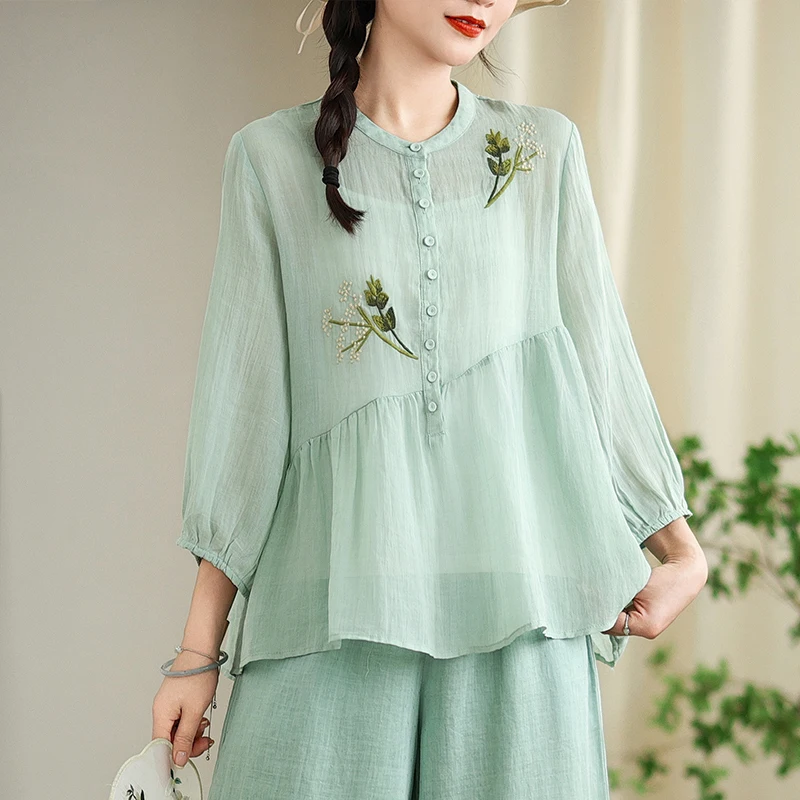 Повседневный комплект из хлопка и льна, женская футболка-квартира Све, летняя одежда с вышивкой, одинаковый комплект, широкие брюки, два пи...