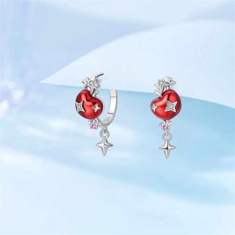 Immagine 3: Orecchini a cerchio in argento sterling 925 con mela rossa per donna, gioielli raffinati per compleanno e anniversario