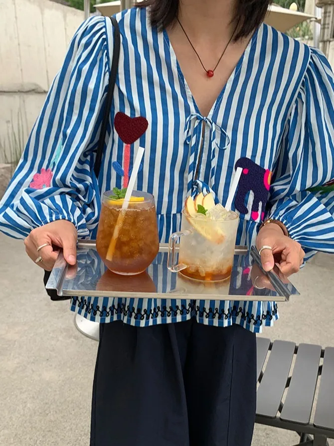 

Весна 2026, шикарный женский полосатый топ с вышивкой, уникальный дизайн, корейский свободный крой, длинный све, хлопковый топ с пузырьками