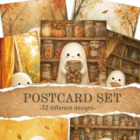 32pcs, Warm Brown Autumn Ghost Postcards, Wall Stickers, Mailing Cards, Greeting Cards, DIY Postcards, Commemorative Postcards,