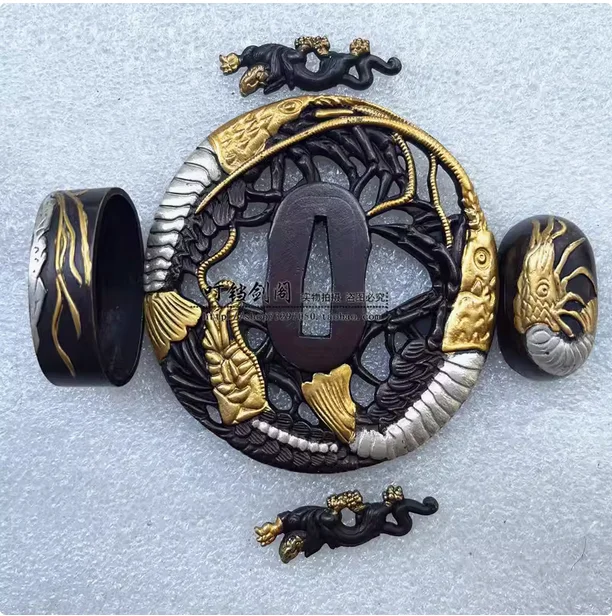

Complete Set of Gilded with Gold & Silver Brass Copper Katana Sword Fitting Accessories, incl. Tsuba, Fuchi, Kashira & Menuki