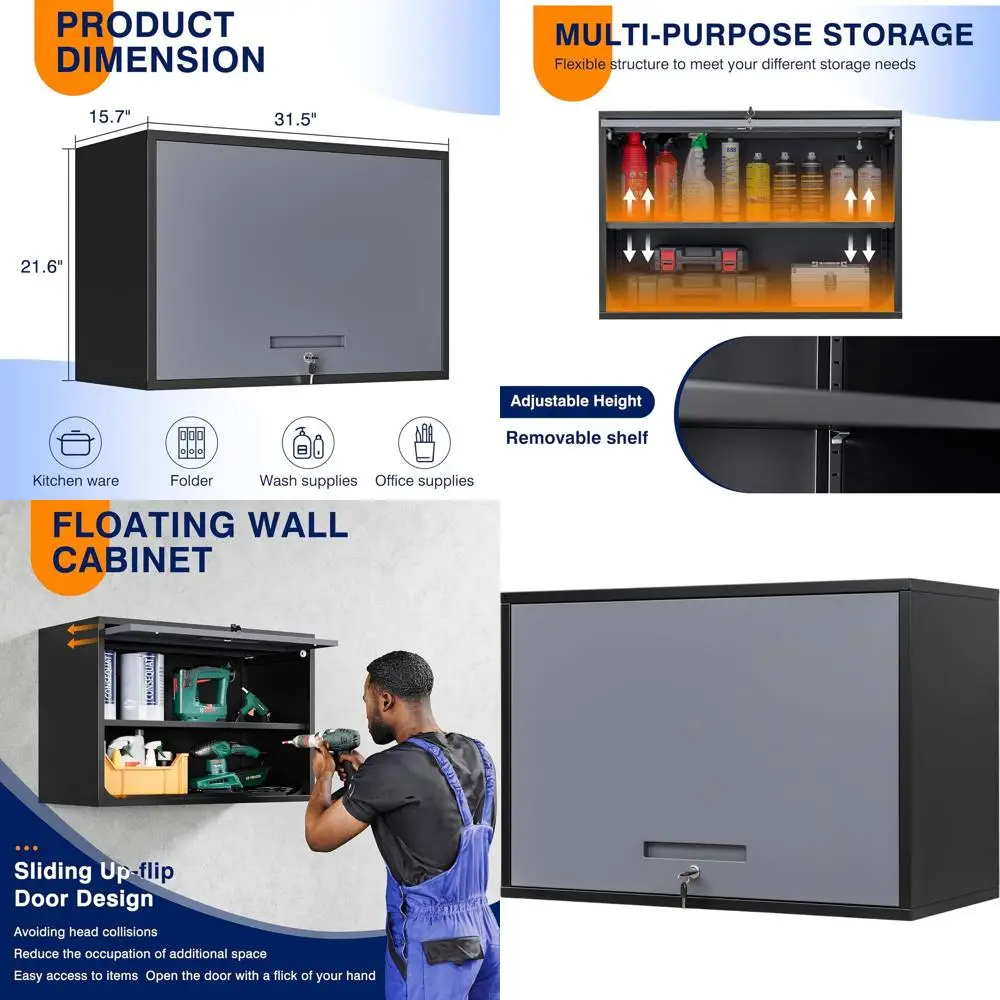 

Wall-Mounted Metal Storage Cabinet with Doors and Shelves, Ideal for Garage, Basement, Kitchen, Warehouse - Black/Gray, 21.6 Hei