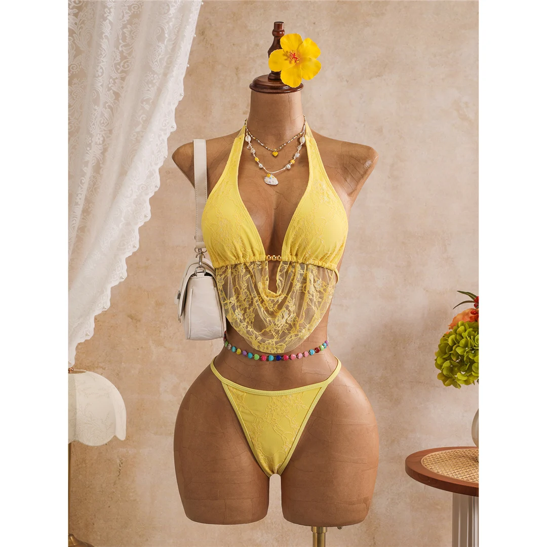 Mit Rock, Spitze, Neckholder-Bikini, Damen-Badeanzug, Damen-Bademode, dreiteiliges Bikini-Set, hoch geschnittene Beine, Badeanzug, Badebekleidung, Schwimmbekleidung V8418 – Detail 21