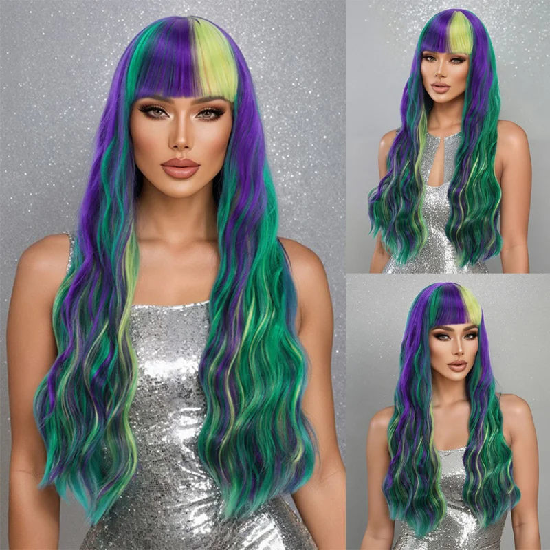 European and American gradient color bangs anime corn perm style colorful long curly wig for women