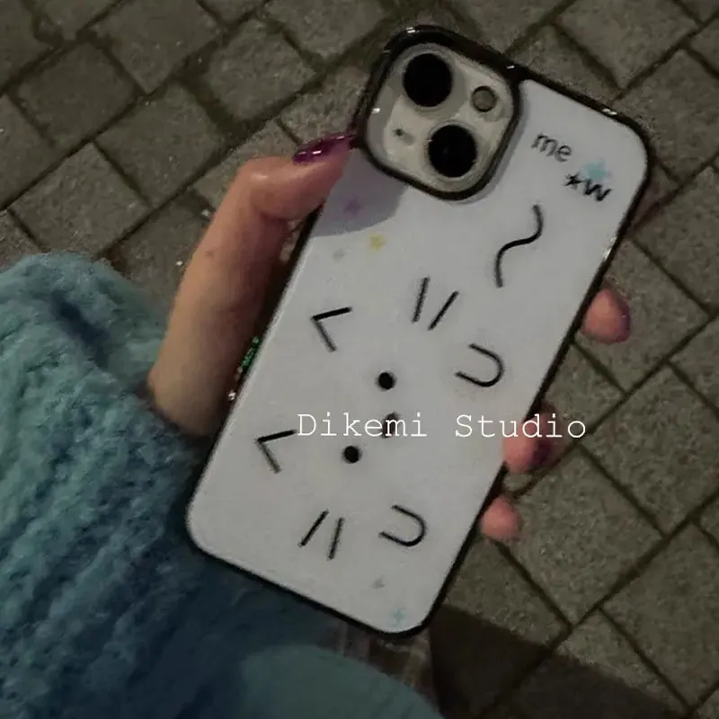 الكورية Ins المتخصصة خط بسيط القط شخصية الكتابة على الجدران جراب هاتف آيفون 16 برو ماكس 15 14 13 12 11 Xr Xs ماكس 7 8 زائد غطاء #1