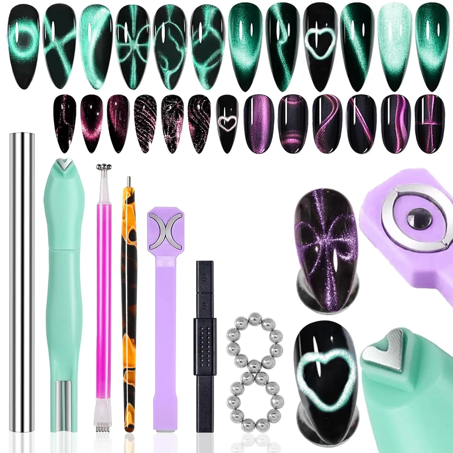 

26Pcs Cat Eye Magnet Set for Nails - Heart, Flower, Cylindrical & Beads for Gel Polish