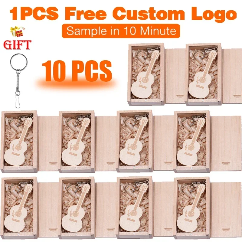 10 PCS LOT USB Flash Drive 128GB 64GB 32GB Wooden Guitar Pen Drive 16GB 8GB U Disk Free Custom Logo Memoria Stick Key Chain 4GB