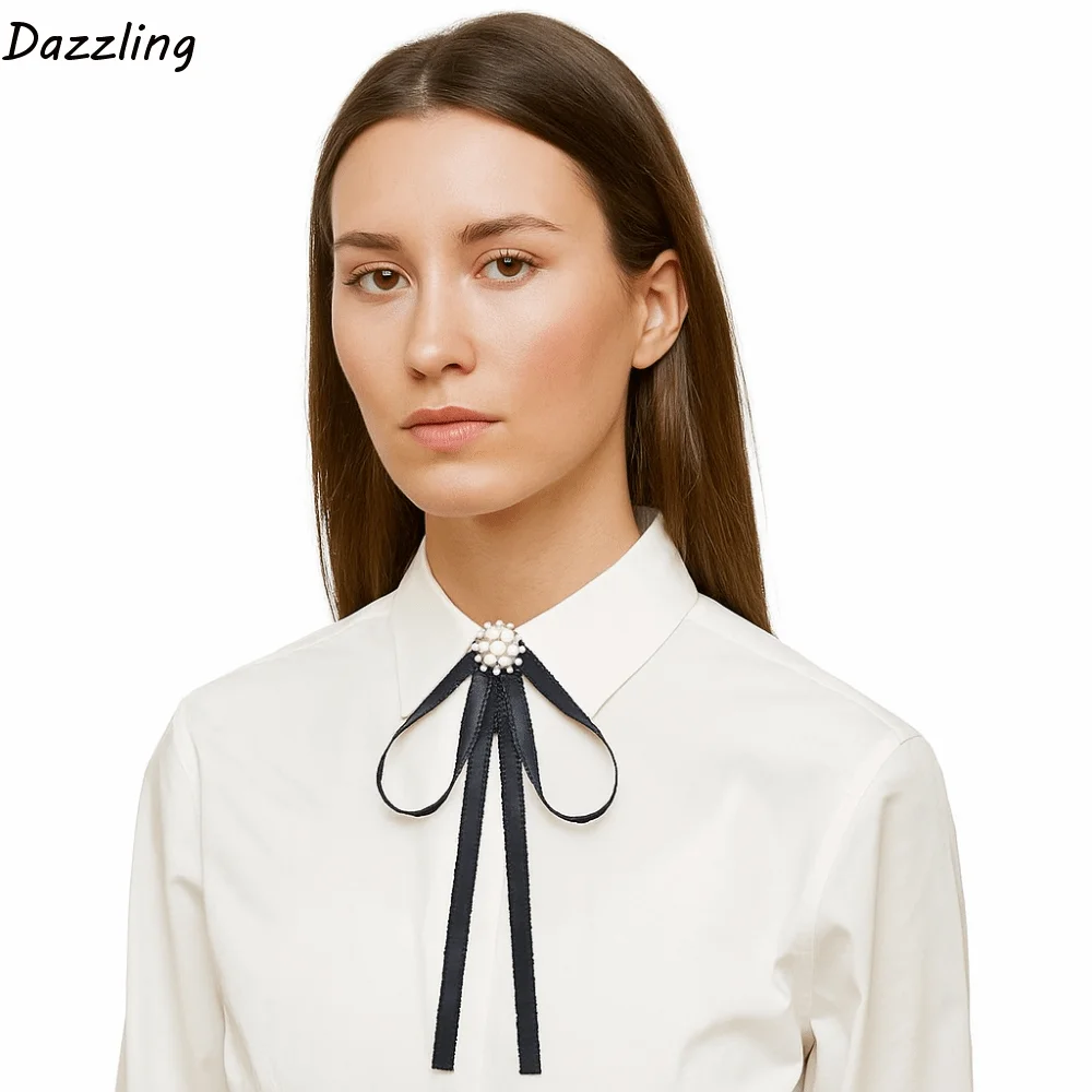 

Simple Solid Color Black Ribbon Pin Pearl Rhinestones Black Bow Necktie Lolita JK Ribbon Badge Brooch Men