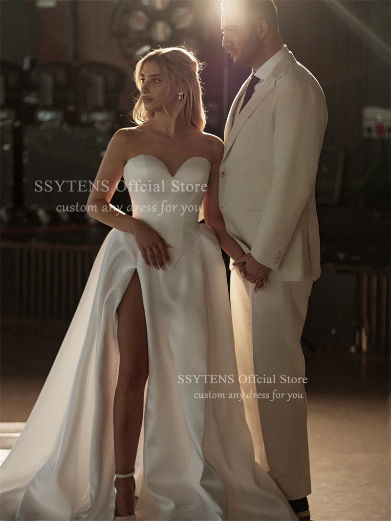 SSYTENS Newest Satin Strapless A-Line Wedding Dresses Backless Corset Evening Dress For Women Plus Bride Gown vestidos de novia