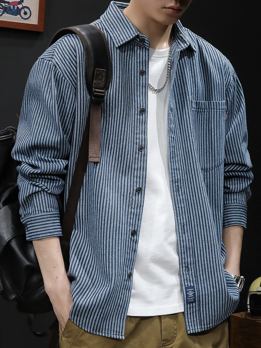 

Spring Autumn Men's Casual Long Sve Striped Denim irt Outerwear Waed Versatile Loose Fit American Sle Faionable
