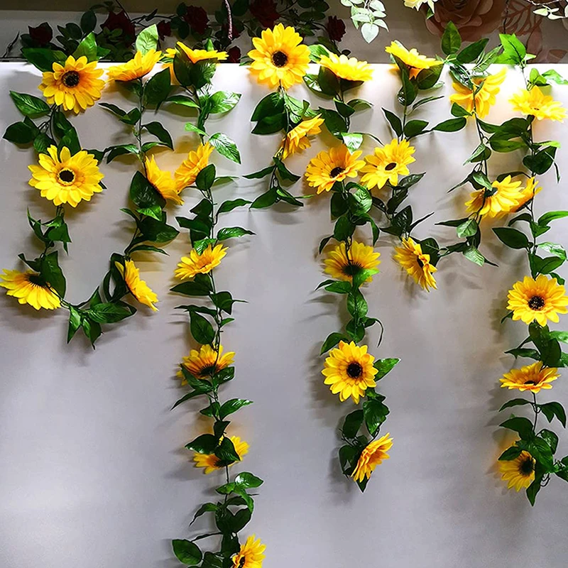 2.5M Sunflower Artificial Vine Yellow Fake Silk Flowers Rattan Garland Leaves For Party Wedding Garden Arch Garland Summer Decor