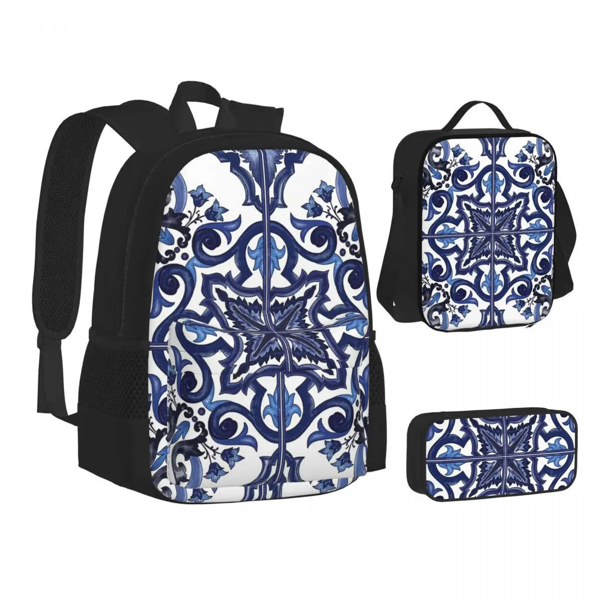 

Blue Ornate Floral Mediterranean Sicilian Tile Backpacks Students Bookbag School Bags Rucksack Lunch Bag Pen Bag Three-Piece Set
