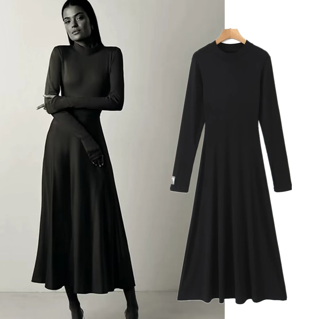 

Maxdutti French Fashion Ladies Elegant Maxi Dress Women Black Party Dress Women Slim Long Sleeve Turtleneck Cotton Basic