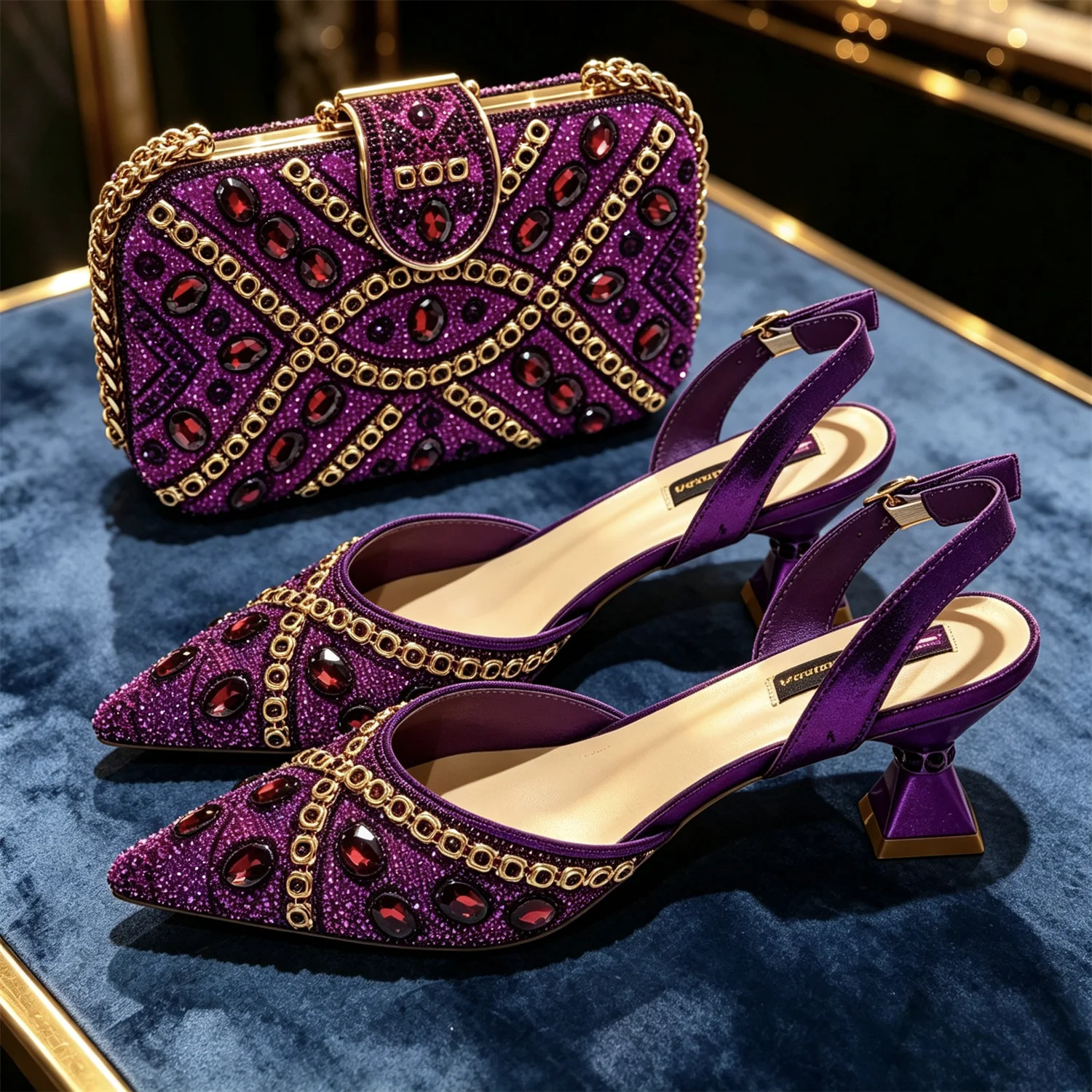 Ladies High Quality Women's Pumps purple Gold Shoes and Bag Set DURABLE OUTSOLE Italian Fashion Design For Nigeria Wedding