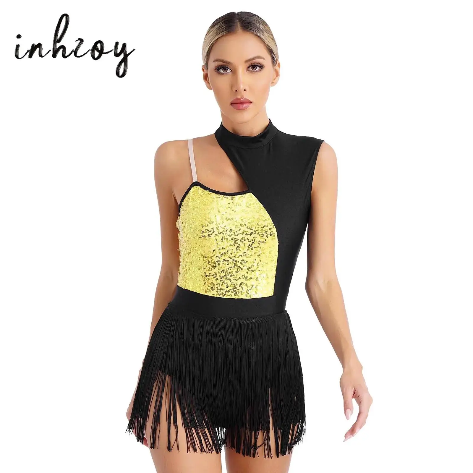 

Womens Glittery Sequins Figure Skating Dance Costume Latin Tango Rumba Dance Dress Fringed Leotard Performance Clothes