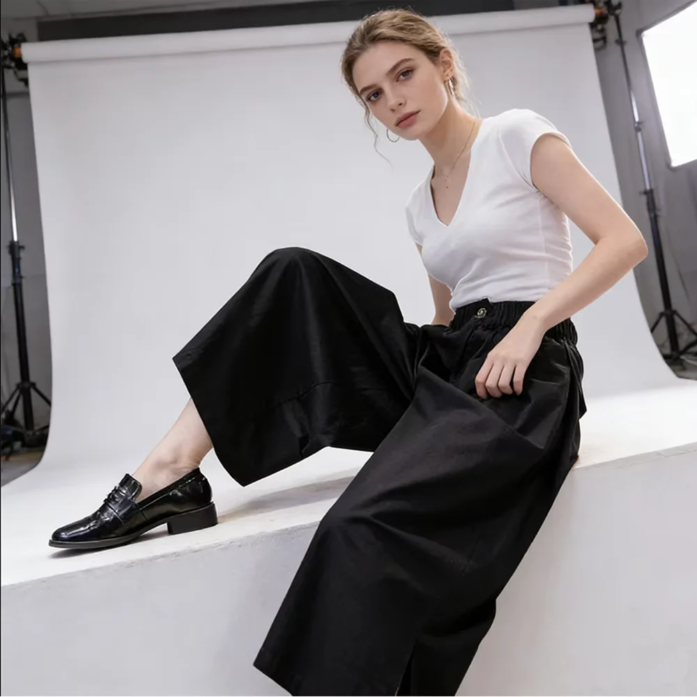 Black Wide Leg Pants for Women Casual Fashion Seven-Foot Commuting Trousers with Pockets 2026 Style