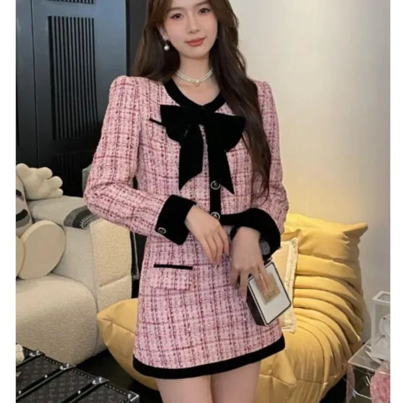 2024 Autumn Winter Tweed Two-Piece Skirt Set Women Short Jacket Coat + Mini Skirt Suits Elegant Korean Fashion Female Outfits