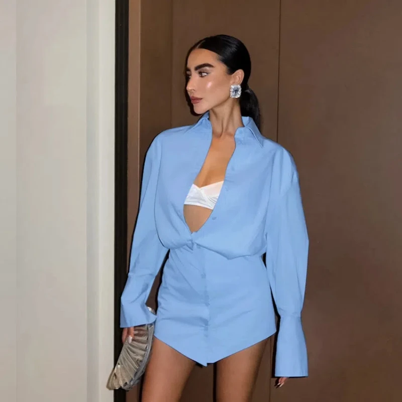 

Spring Summer New Fashion Turn-down Collar Long Sleeve Solid Color Korean Blouse Women's Clothing Button Patchwork Chic Dresses