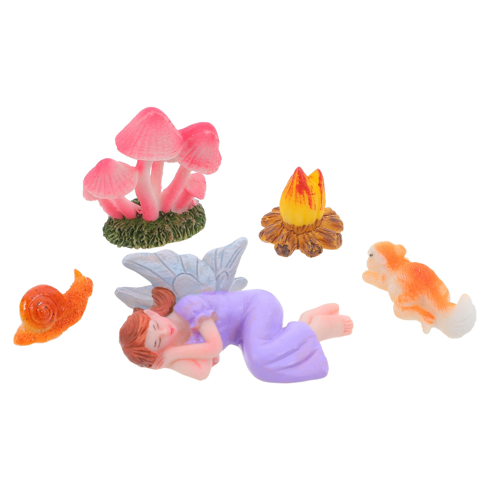 

5pcs Fairy Ornaments Set Charming Sleeping Flower Fairy Mini Squirrel Micro Landscape Snail Campfire Models For Garden Dollhouse