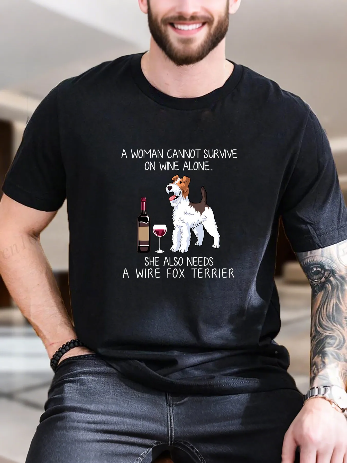 

New Arrival Fashion Men's Cartoon Dog Print Cotton T-Shirt Funny Wine Bottle Design Soft Breathable Pure Cotton Casual Daily Wear