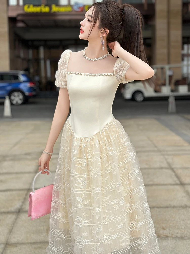 Robes de princesse féerique française pour femmes, douces et exquises, maille transparente, dentelle, perles, diamant, boule pivotante, Robe de fête d'anniversaire, de bal