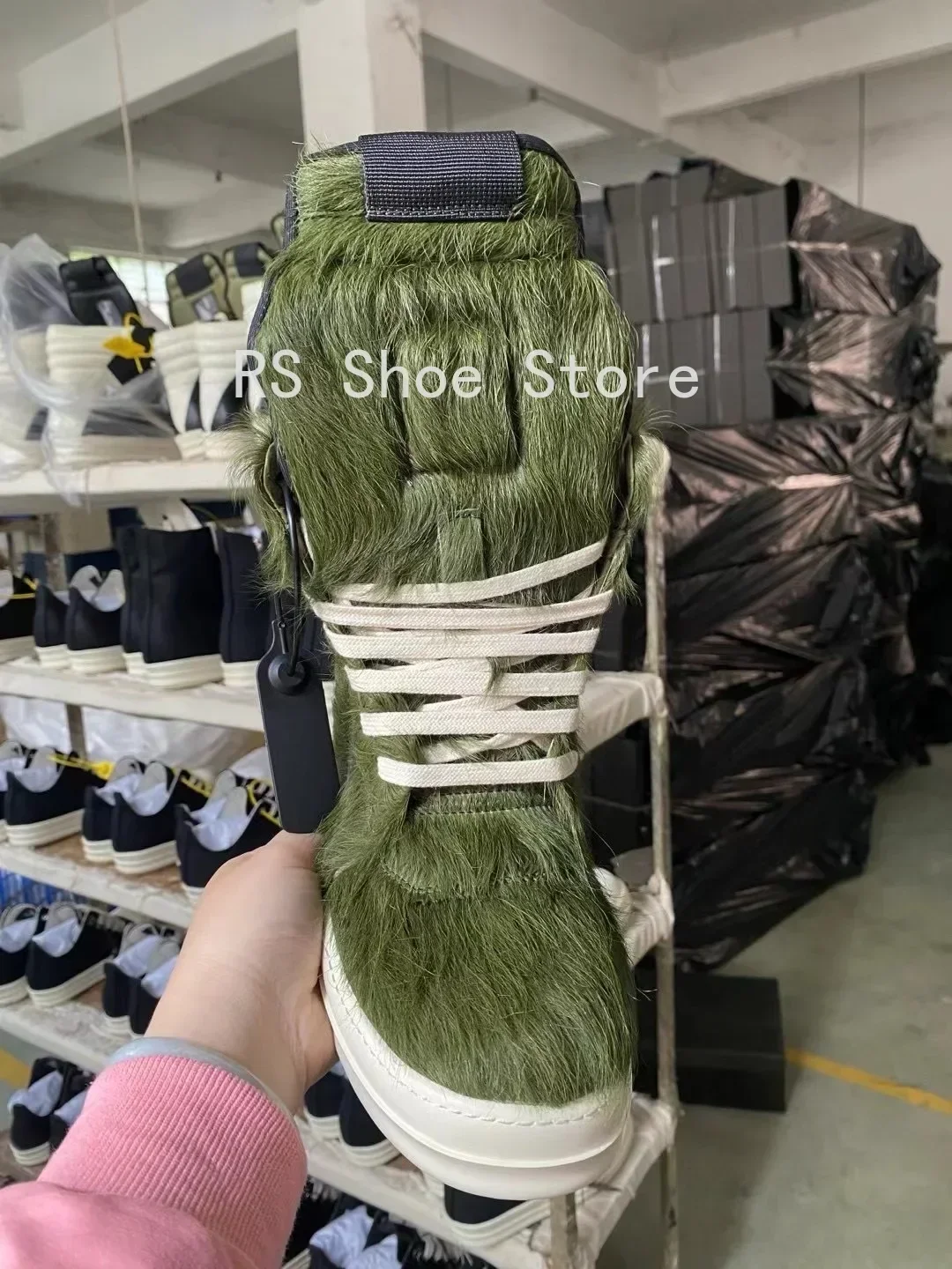 

Ro Men Ankle Boot Army Green Horsehair Boots Women Sneaker Horse Hair High Top Shoe Casual Shoes Zipper Sneakers