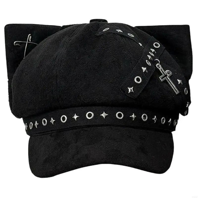 

C63C Dark Cabbie Hat Eyelet Painter Hat Baker Boy Hat for Street Strolling Dark Fashion Hat Props