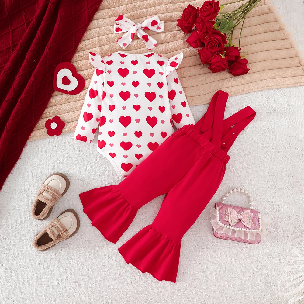 Baby Girls Valentine\'s Day Clothes Set 0-2 Y Heart Printed Bodysuit+Red Overalls+ Headband 3Pcs Toddler Girls Outfit