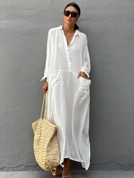 Vestido de praia Maxi branco, maiô Cover Up, kaftan kimono, bolso elegante, verão solto túnica beachwear, ternos de banho