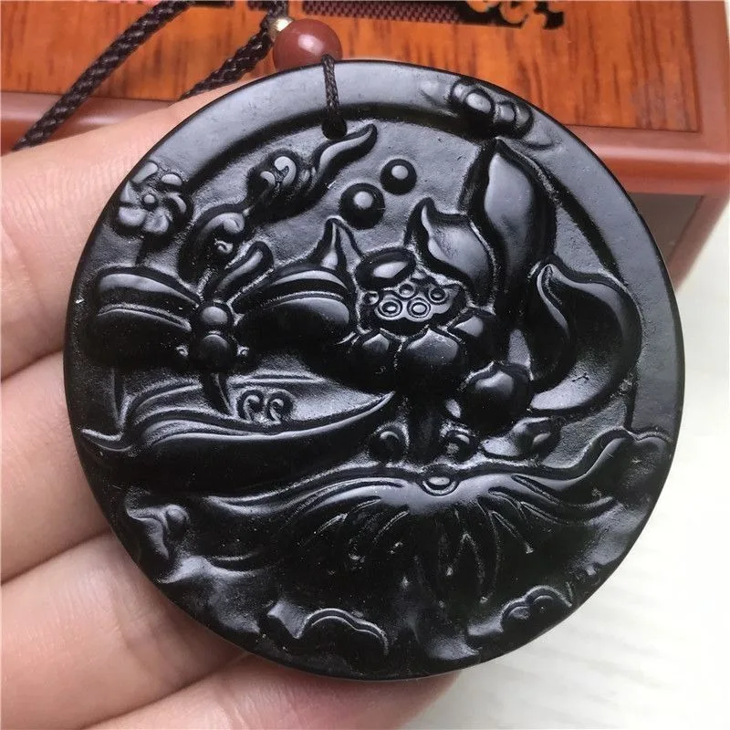 

Natural Medicine King Stone Lotus Pendant Round Brand Ink Jade Lotus Necklace